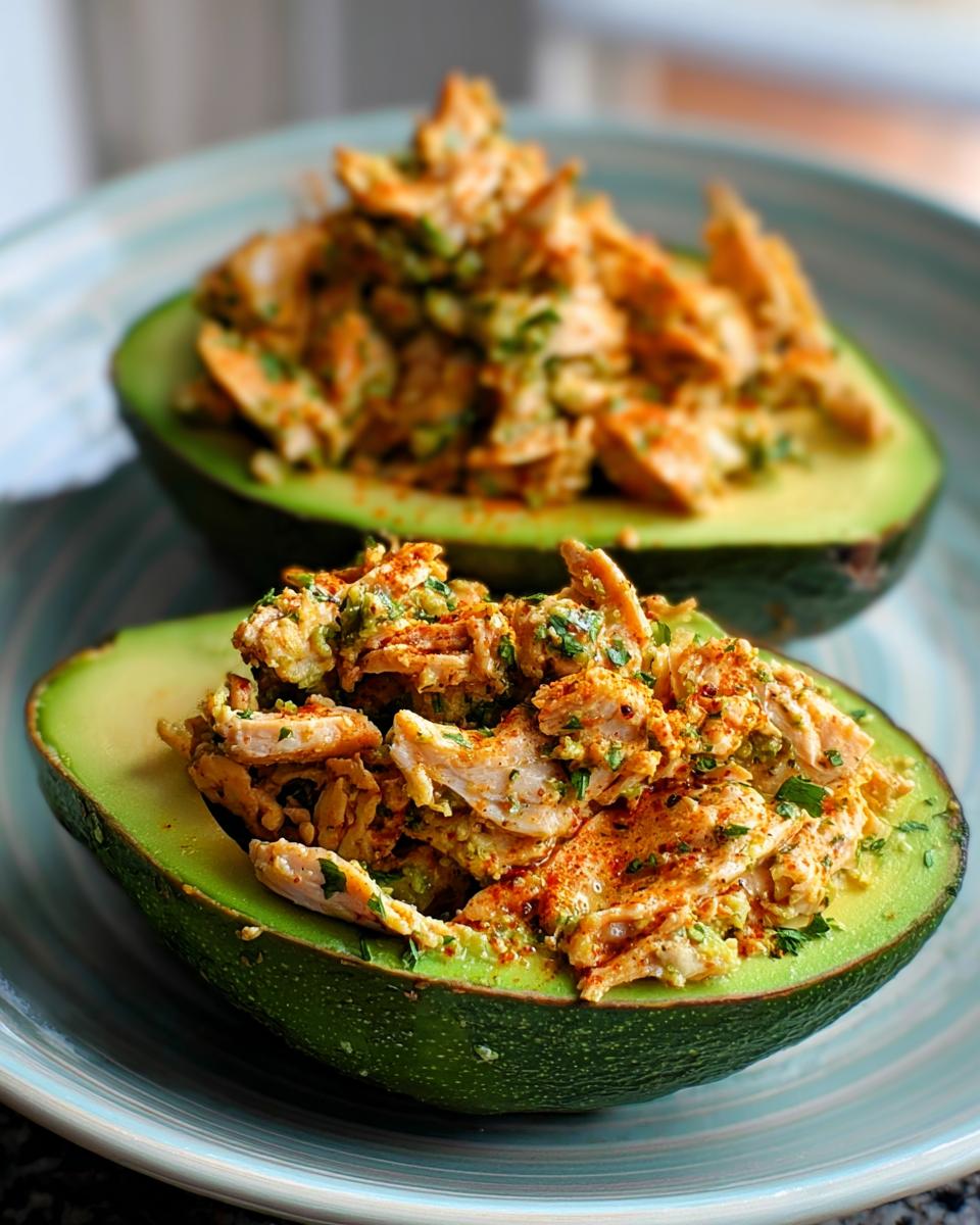 Two avocado halves stuffed with a flavorful chicken salad mixture, a quick and easy sandwich idea.