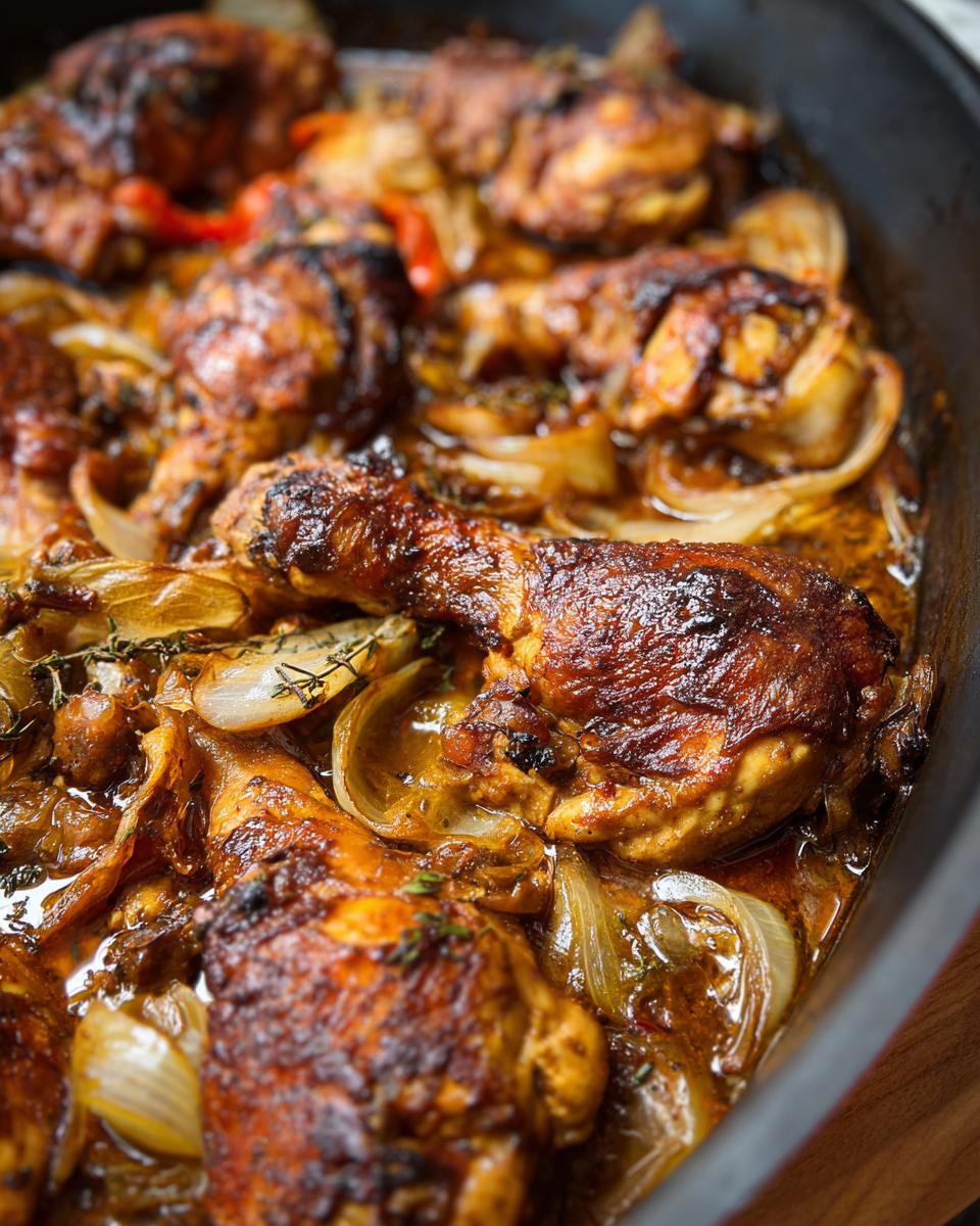 Close-up of baked chicken pieces with onions and herbs in a pan, part of the only chicken recipes you'll need.