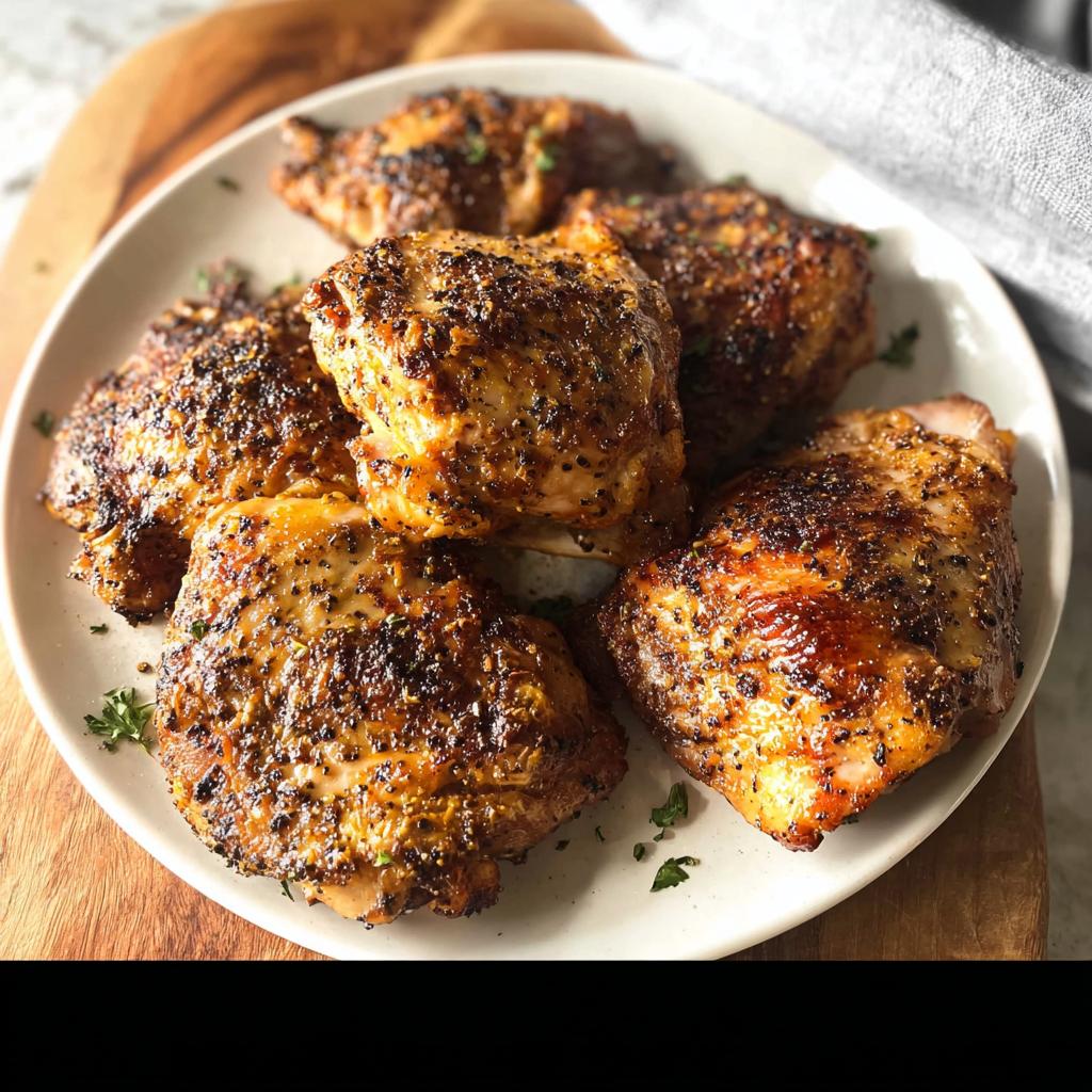 A plate of perfectly baked chicken thigh recipes, seasoned with herbs and spices.