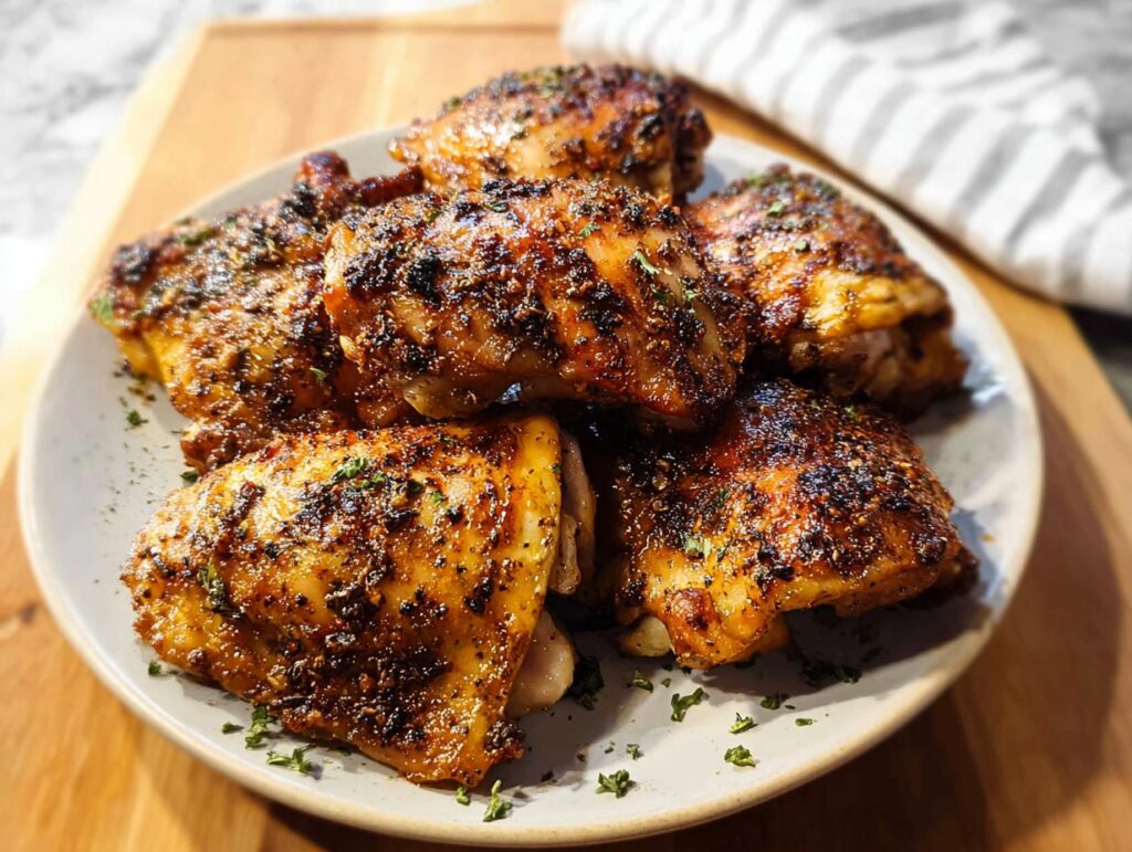 A plate of perfectly baked chicken thigh recipes with crispy skin and seasoned with herbs.