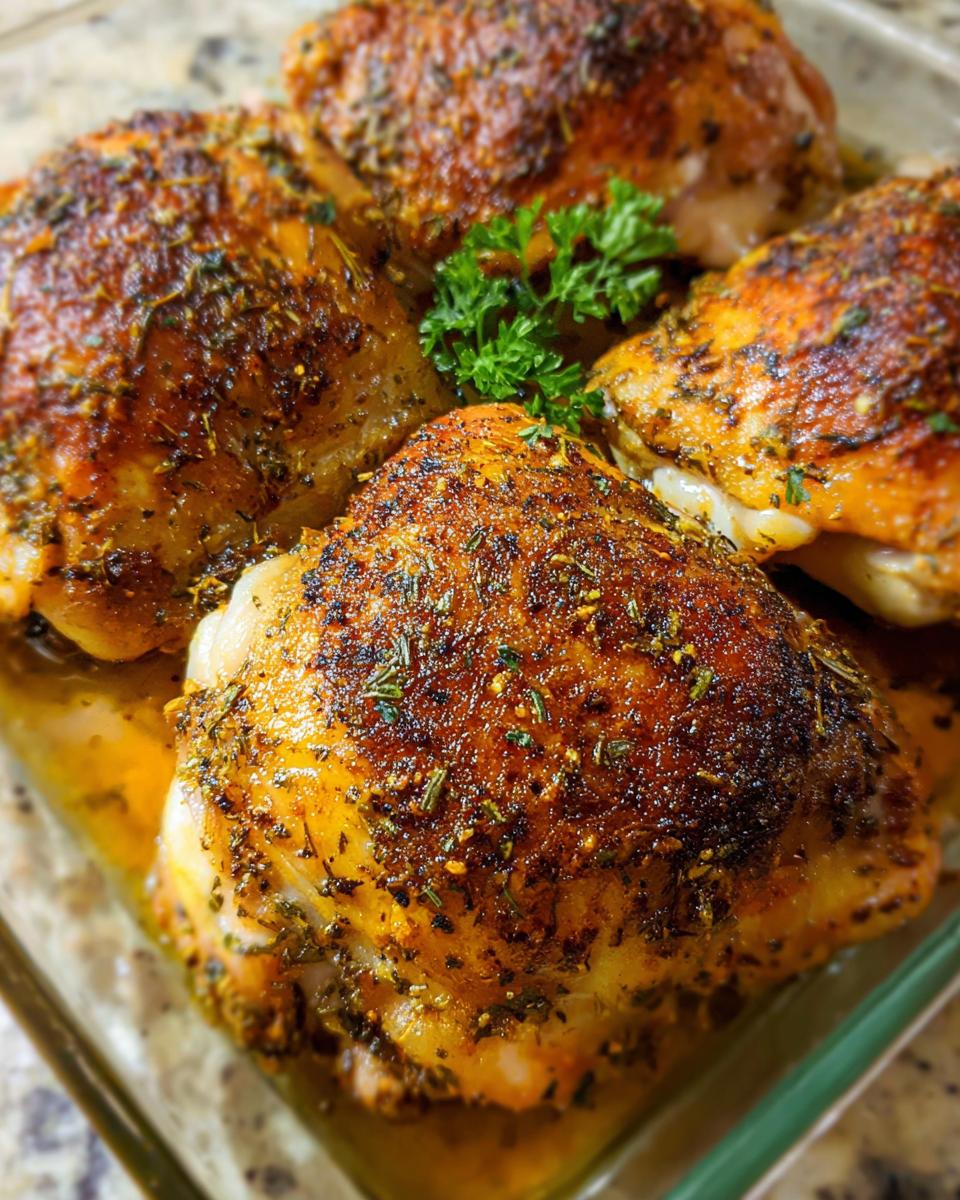 Close-up of perfectly baked chicken thighs, seasoned with herbs and spices, in a glass baking dish.