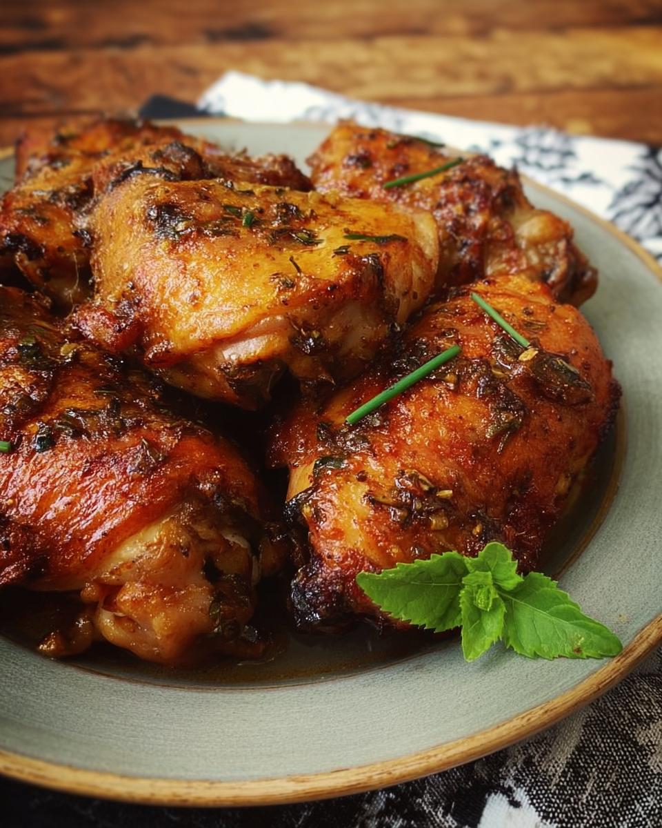 A plate of juicy baked chicken thighs, seasoned with herbs and spices, ready to be served.