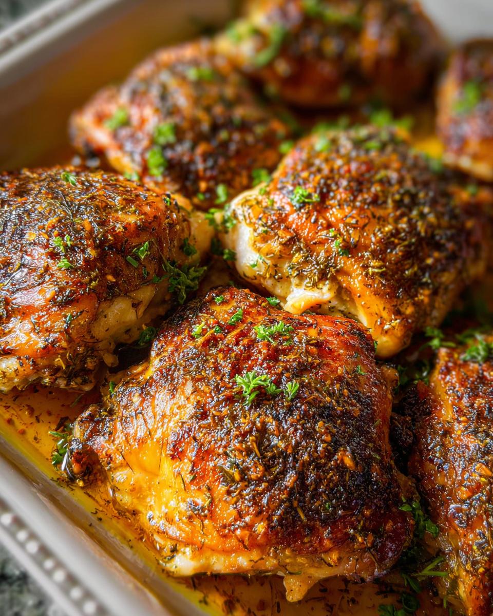 Close-up of perfectly baked chicken thighs with crispy skin, seasoned with herbs, ready for a delicious chicken thigh recipe.