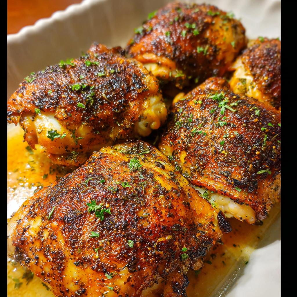 Close-up of perfectly baked chicken thighs with crispy skin and herbs, a key part of delicious chicken thigh recipes.
