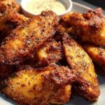 Close-up of perfectly baked chicken wings, seasoned with herbs and spices, served with a dipping sauce.