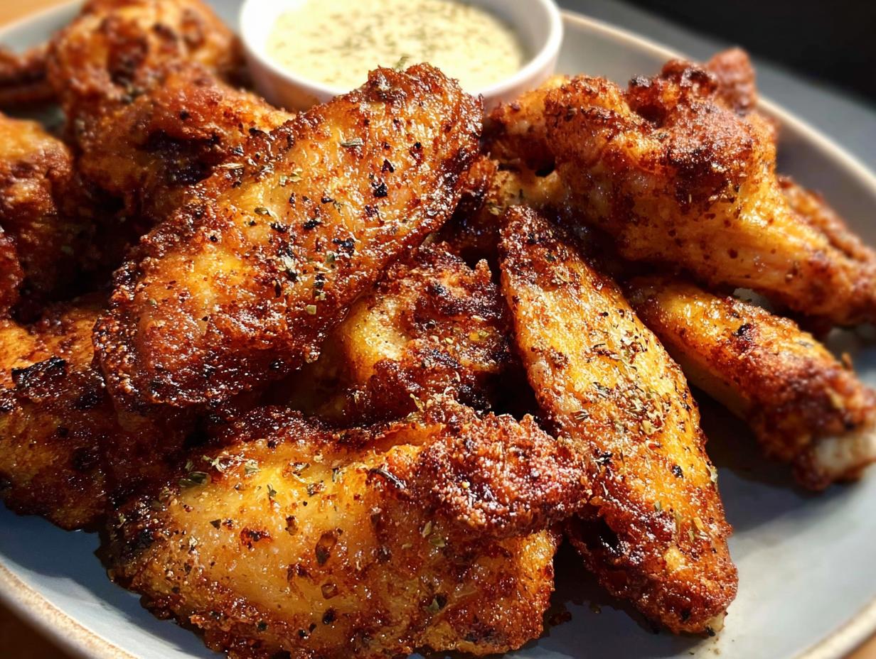 Close-up of perfectly baked chicken wings, seasoned with herbs and spices, served with a dipping sauce.