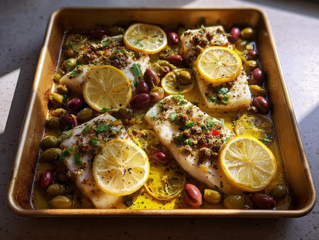 Four pieces of baked cod with lemon slices and olives in a baking dish, part of 7 Genius Veggie Sides Recipes Ideas for Busy Weeknights.