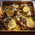 Four pieces of baked cod with lemon slices and olives in a baking dish, part of 7 Genius Veggie Sides Recipes Ideas for Busy Weeknights.