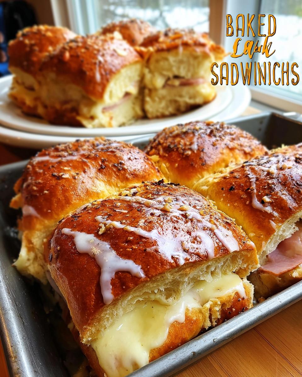 Close-up of baked ham and cheese sandwich ideas with melted cheese and a glaze.