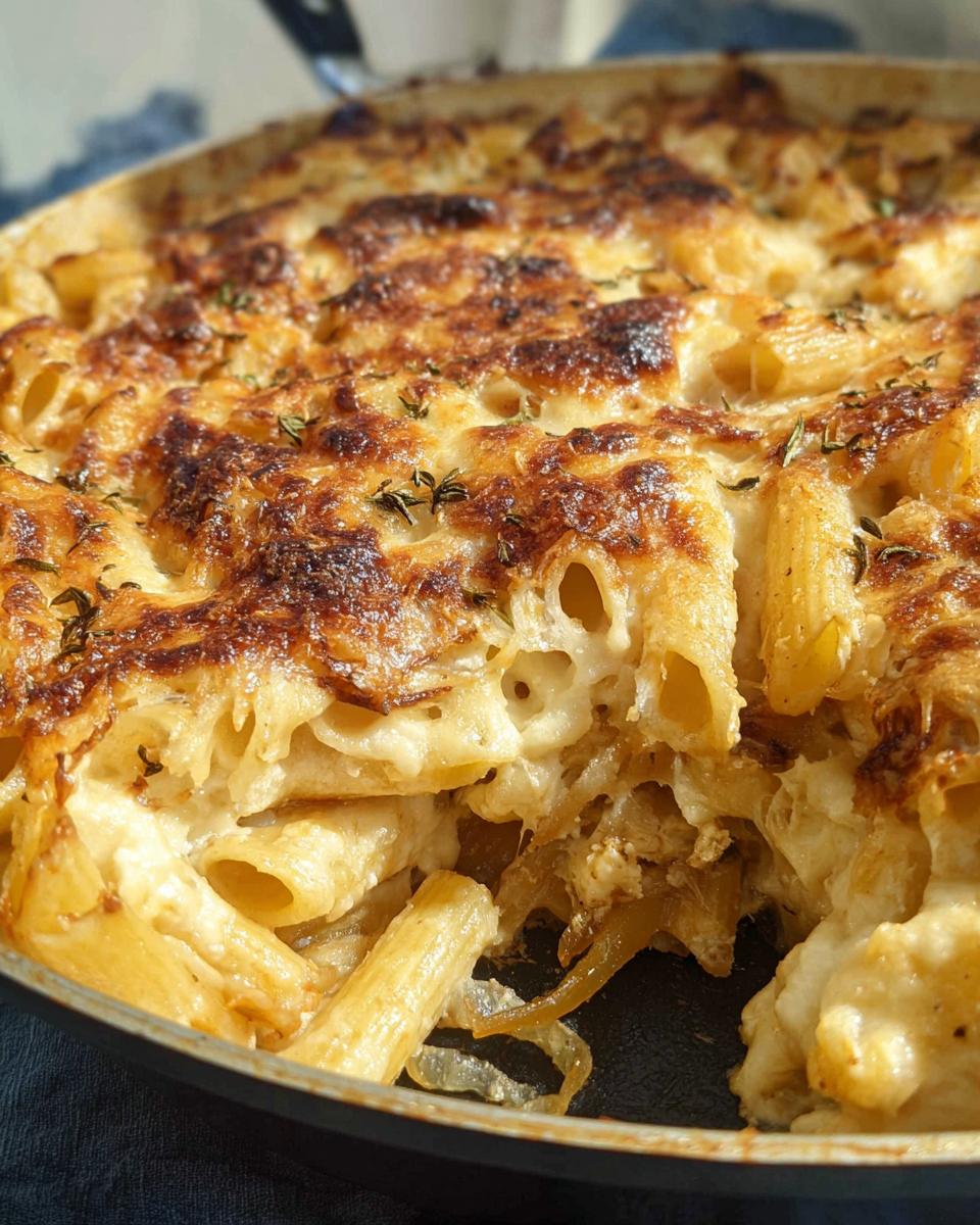 Close-up of a baked pasta dish with a golden, bubbly cheese crust and rigatoni pasta.
