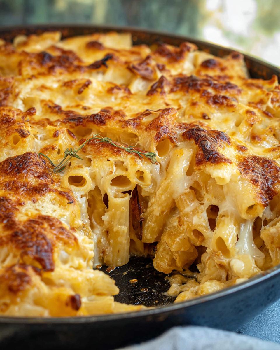 Close-up of a baked pasta recipe with tubes of pasta coated in melted, golden-brown cheese.