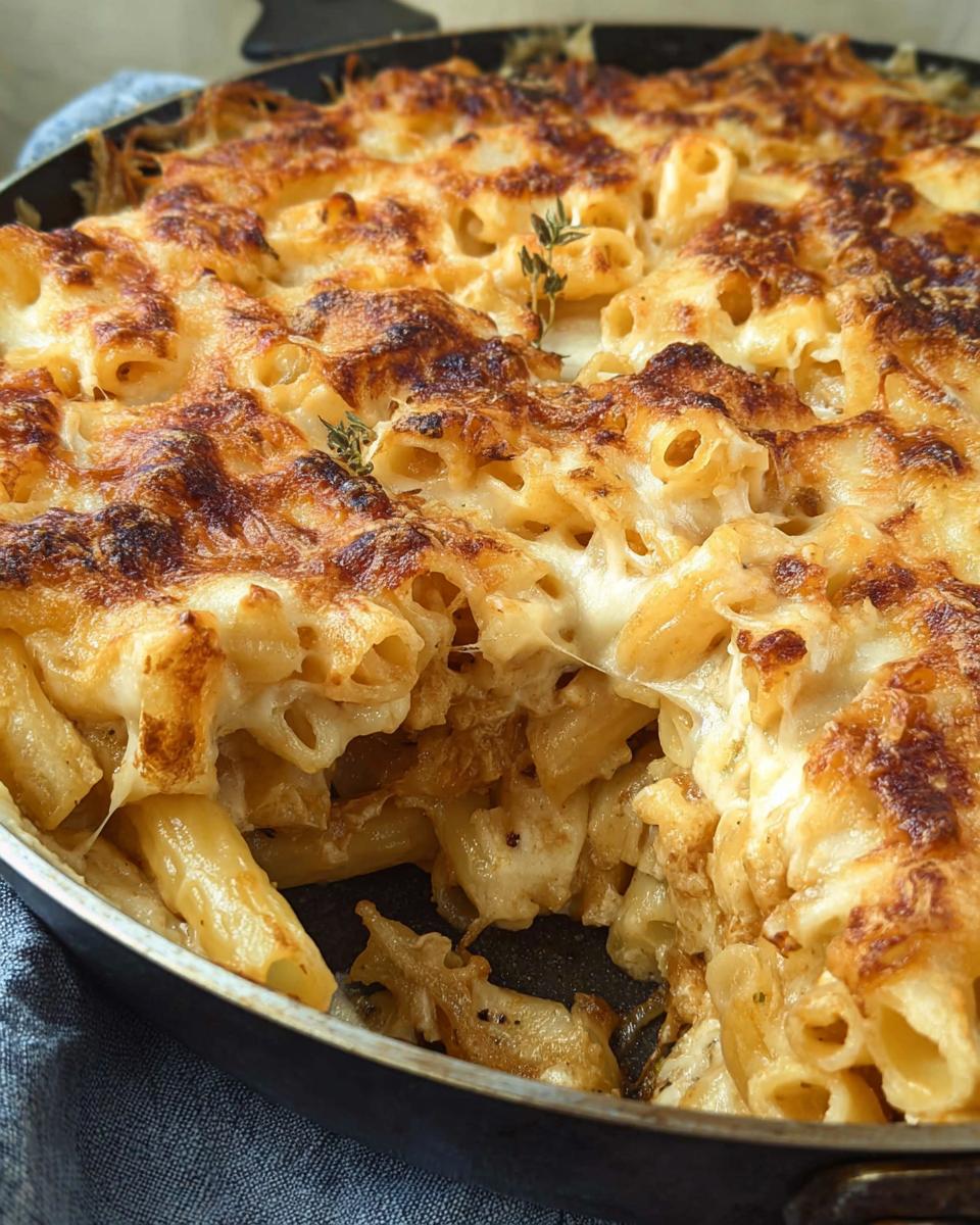 A close-up of a baked pasta dish with a golden-brown cheesy crust, showcasing rigatoni pasta tubes.