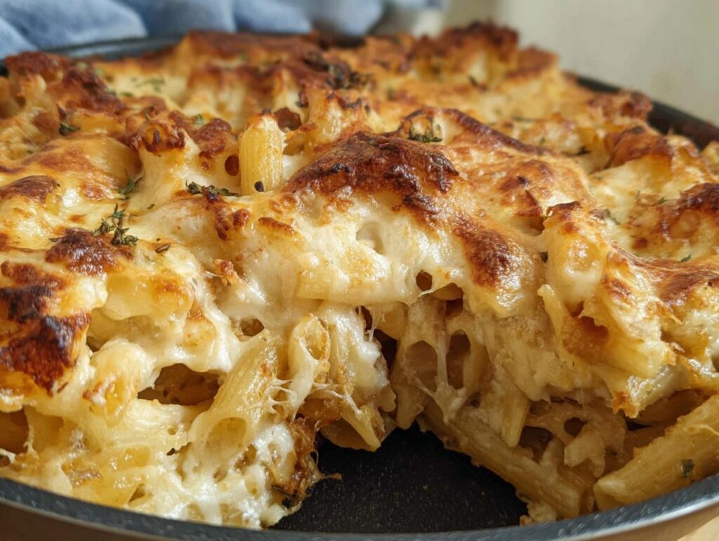 Close-up of a baked penne pasta dish with melted, golden-brown cheese and herbs.