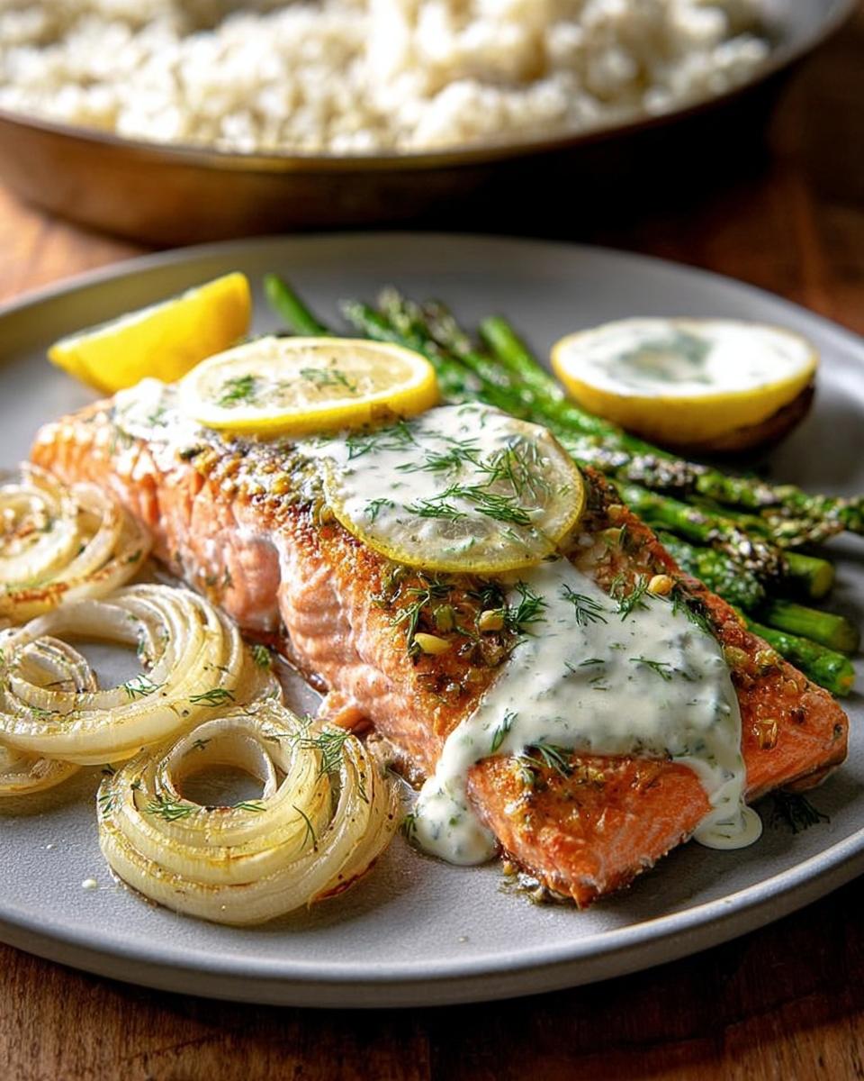 A perfectly baked salmon fillet topped with creamy dill sauce, lemon slices, and fresh dill, served with roasted asparagus and onion rings.