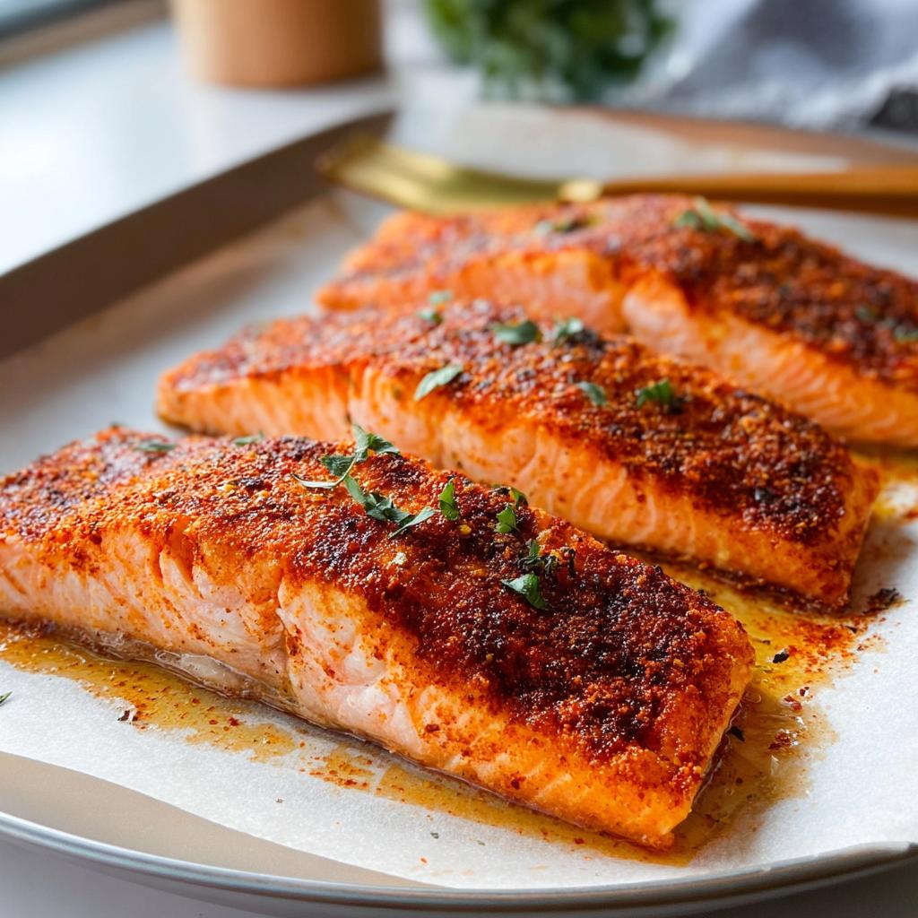 Four perfectly baked salmon fillets seasoned with spices and herbs, ready to serve.