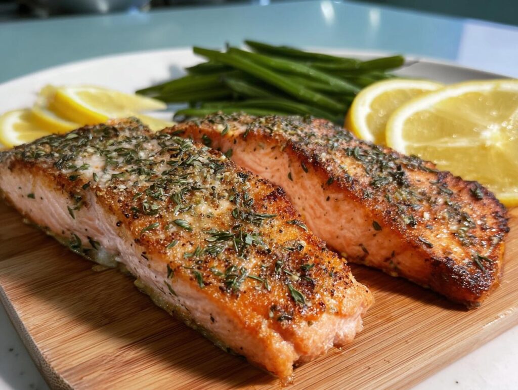 Two perfectly baked salmon fillets seasoned with herbs, served with lemon slices and green beans.