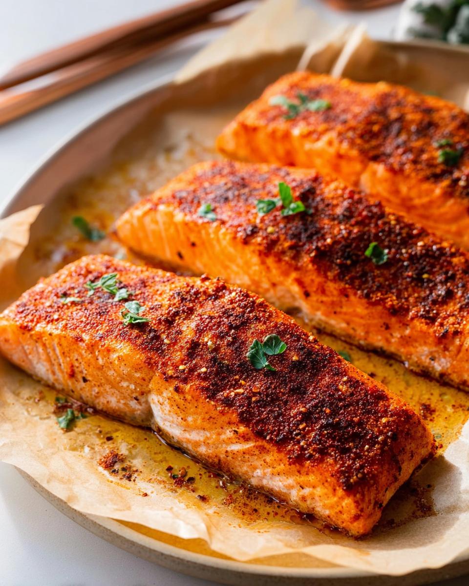 Three perfectly baked salmon fillets seasoned with spices and garnished with parsley, part of The Ultimate Salmon Recipes Guide for Beginners.
