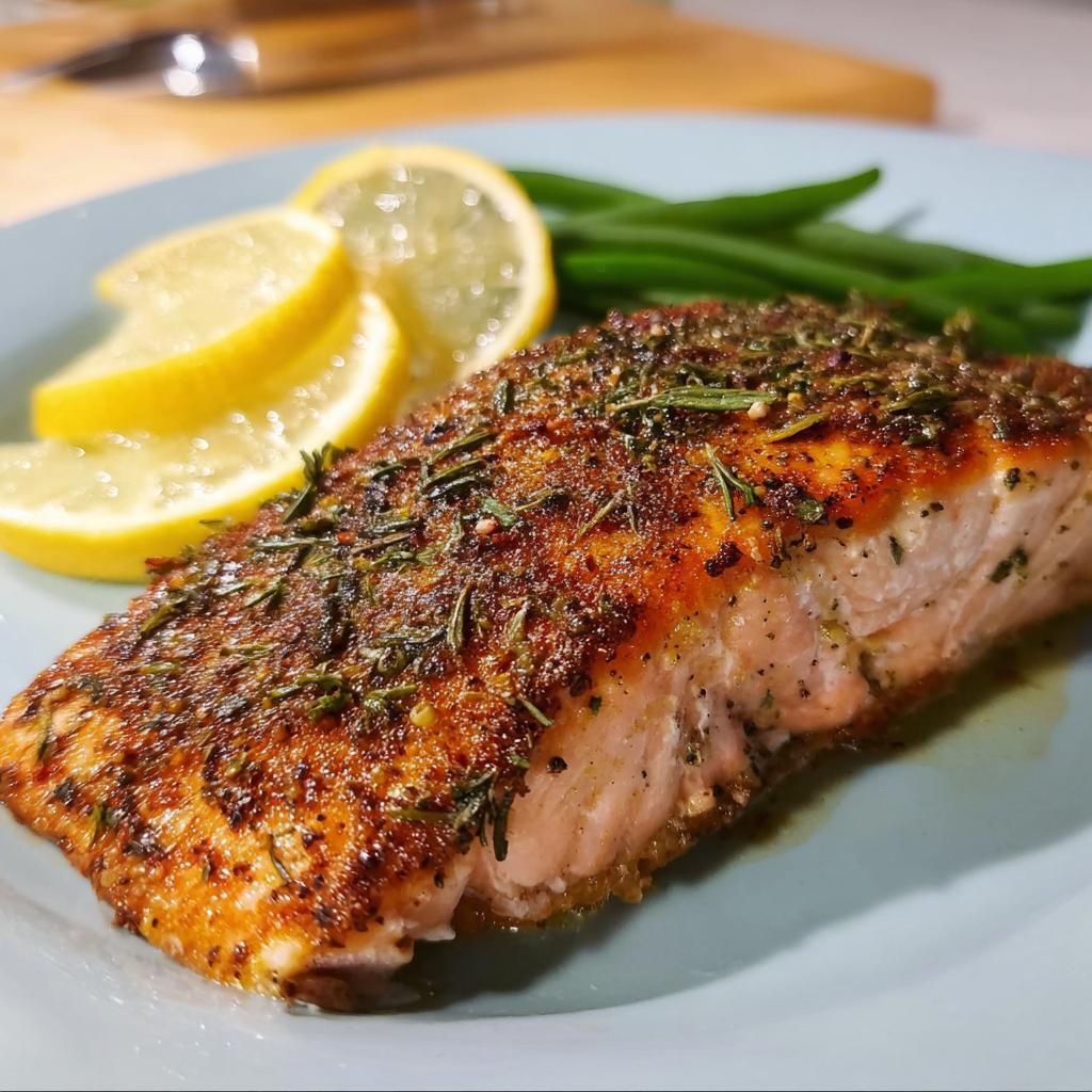 A perfectly baked salmon fillet seasoned with herbs and spices, served with lemon slices and green beans.