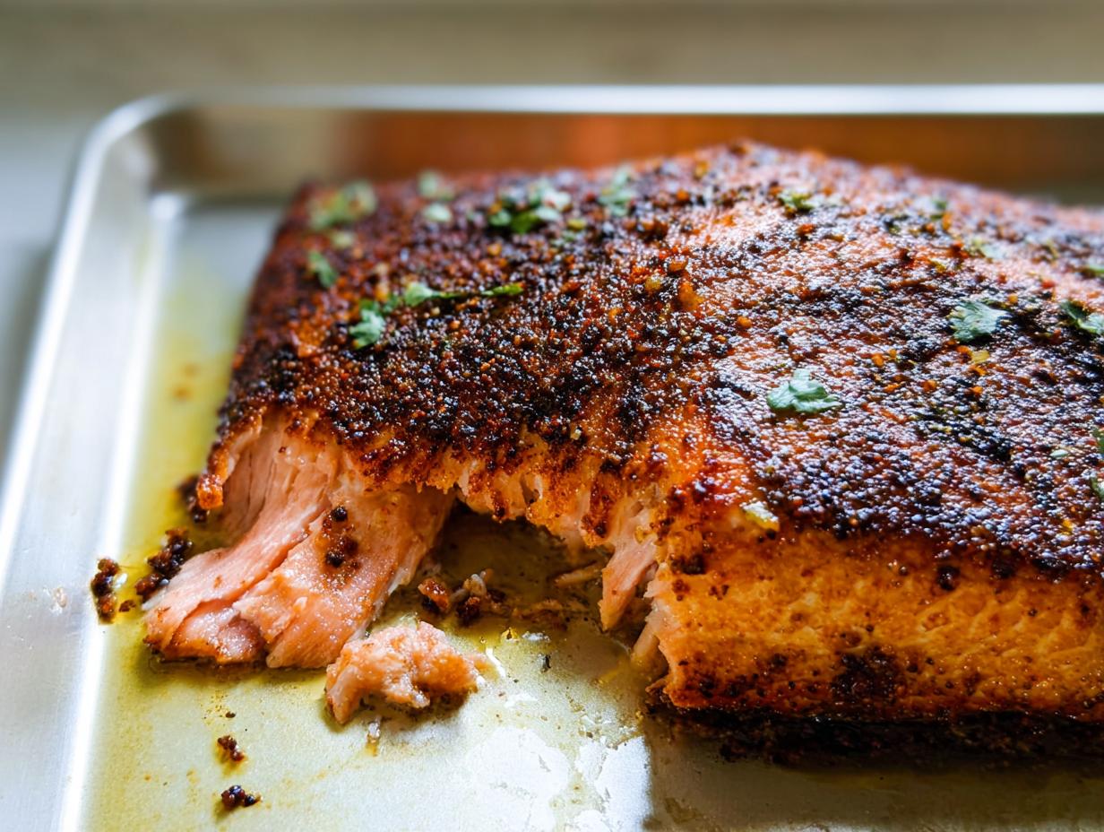 Close-up of a perfectly cooked salmon fillet with a seasoned crust, ready to be served.