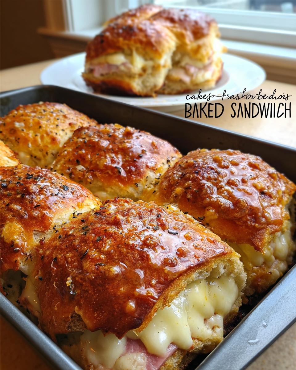 Close-up of golden-brown baked sandwiches filled with melted cheese and ham.