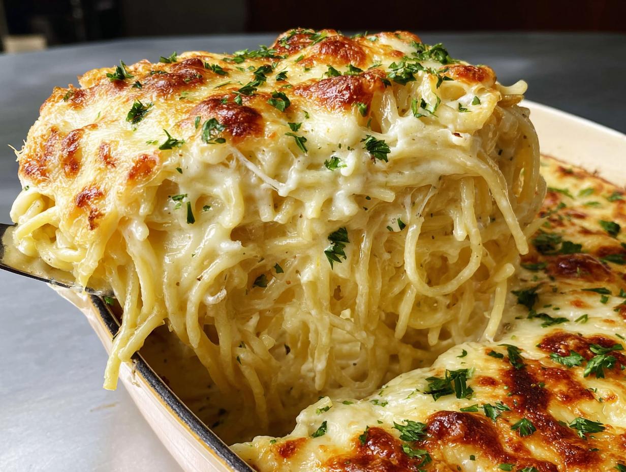 A serving spoon lifts a generous portion of cheesy baked spaghetti from a casserole dish, topped with fresh parsley.