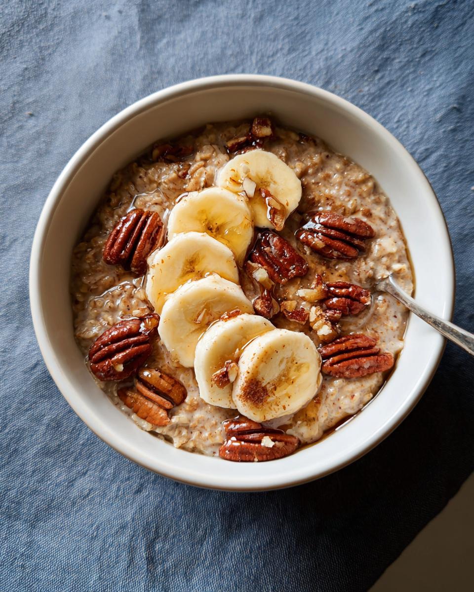 A bowl of oatmeal topped with sliced bananas, pecans, and drizzled with syrup. A perfect breakfast idea.