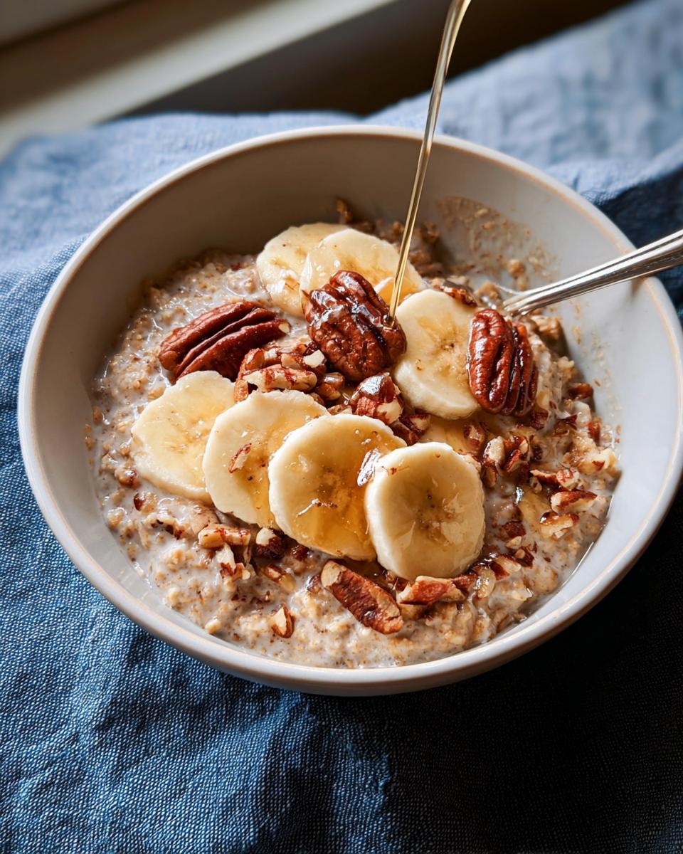 A bowl of oatmeal topped with banana slices, pecans, and drizzled with honey, perfect for quick breakfast ideas.