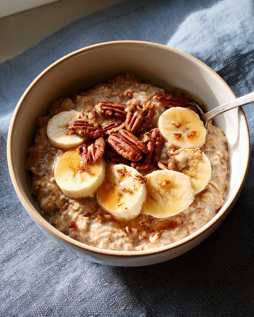A bowl of hearty oatmeal topped with sliced bananas, pecans, and a drizzle of honey. An easy breakfast idea.