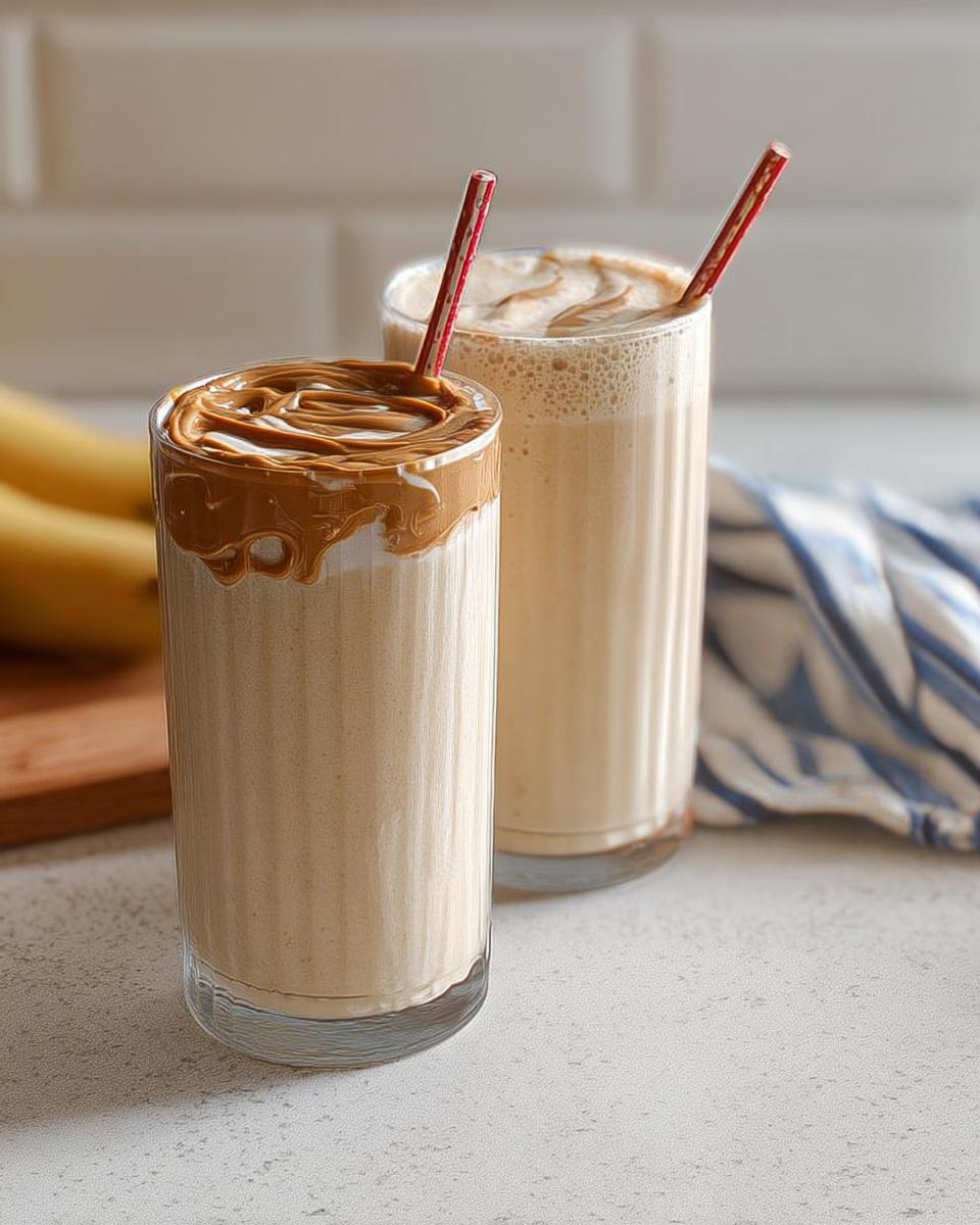 Two glasses of creamy banana smoothie, one topped with peanut butter swirl, perfect for beginner breakfast ideas.
