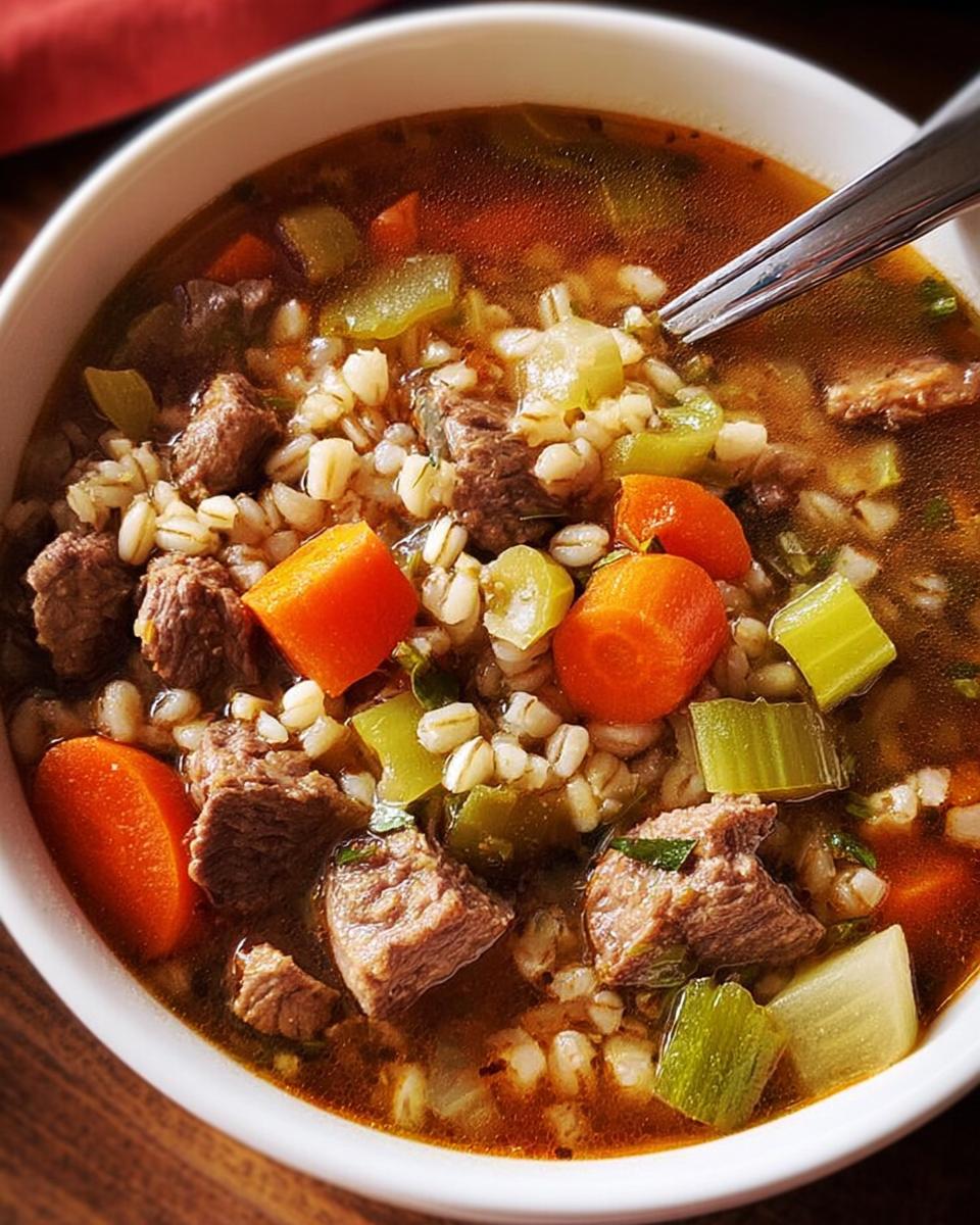 A close-up of a bowl of hearty beef and barley soup, featuring tender beef chunks, carrots, celery, and barley.