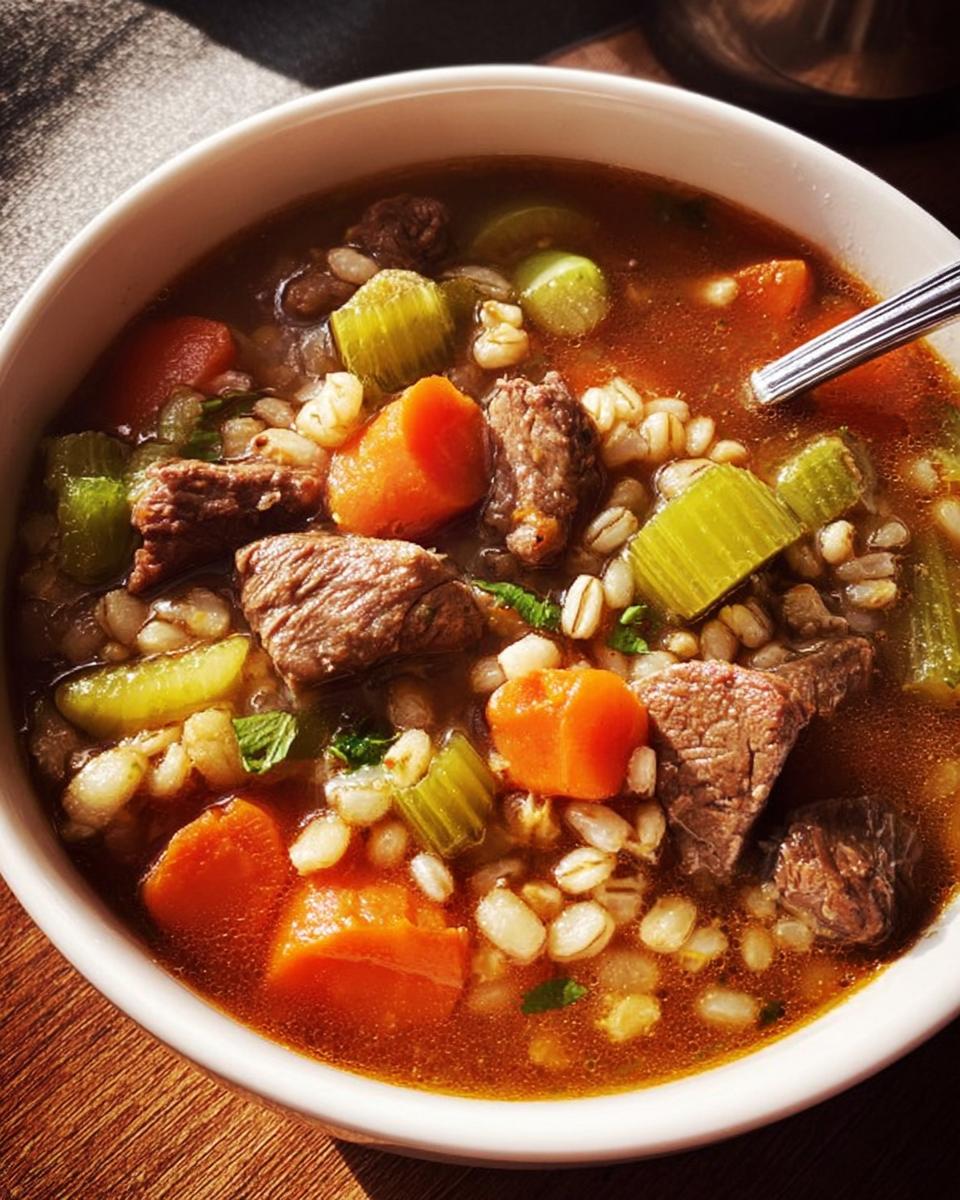 A close-up of a bowl of hearty beef and barley soup, featuring tender beef chunks, carrots, celery, and barley in a rich broth. This is one of our delicious soup recipes for meal prep.