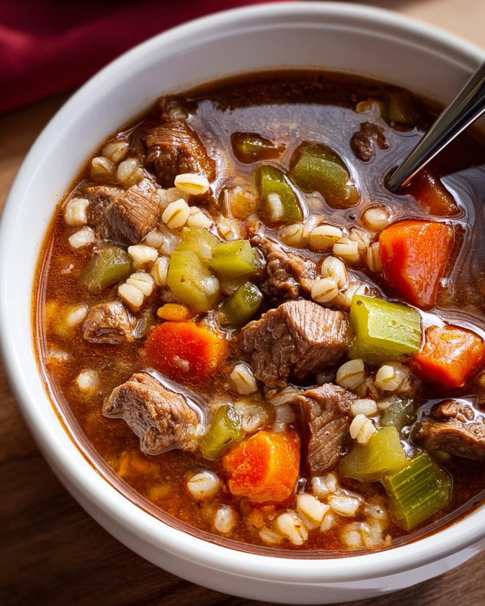 Close-up of a bowl of hearty beef barley soup with chunks of beef, carrots, celery, and barley.