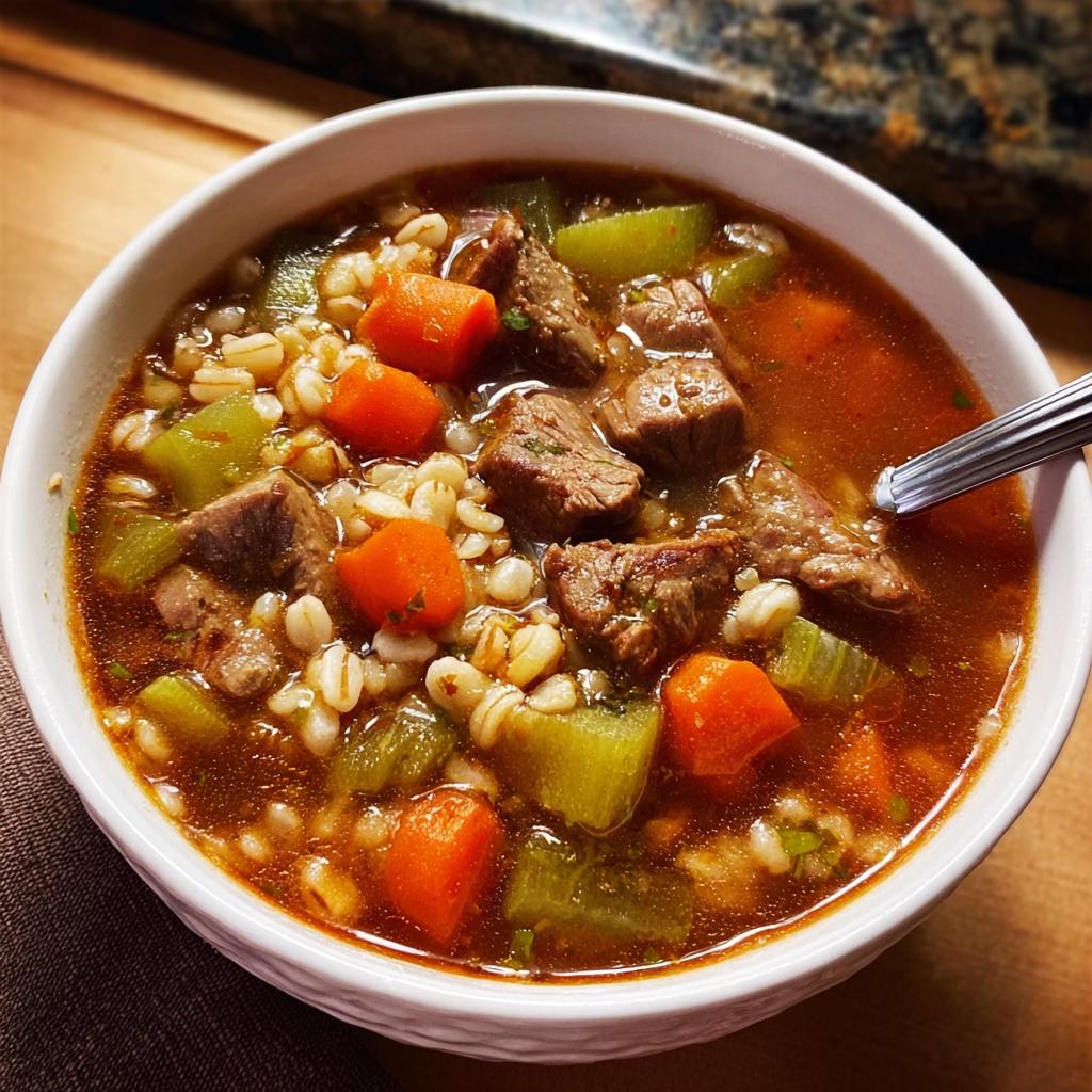 A close-up of a bowl of hearty beef and barley soup, filled with tender beef chunks, carrots, celery, and barley.