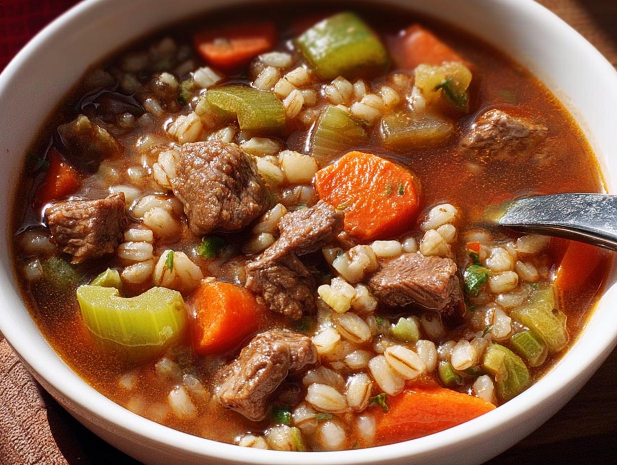 Close-up of a bowl of hearty beef barley soup, featuring tender beef chunks, barley, carrots, and celery.