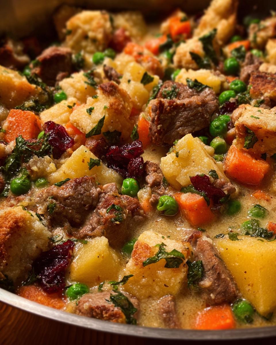 Close-up of a hearty beef and cranberry stuffing recipe with potatoes, carrots, and peas.