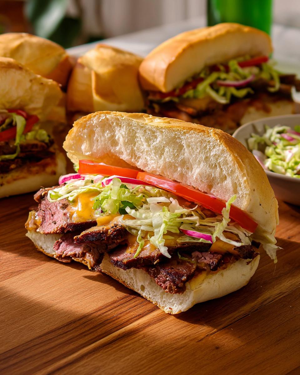 A delicious beef sandwich with melted cheese, lettuce, tomato, and red onion, part of 7-Ingredient Sandwich Ideas Recipes.