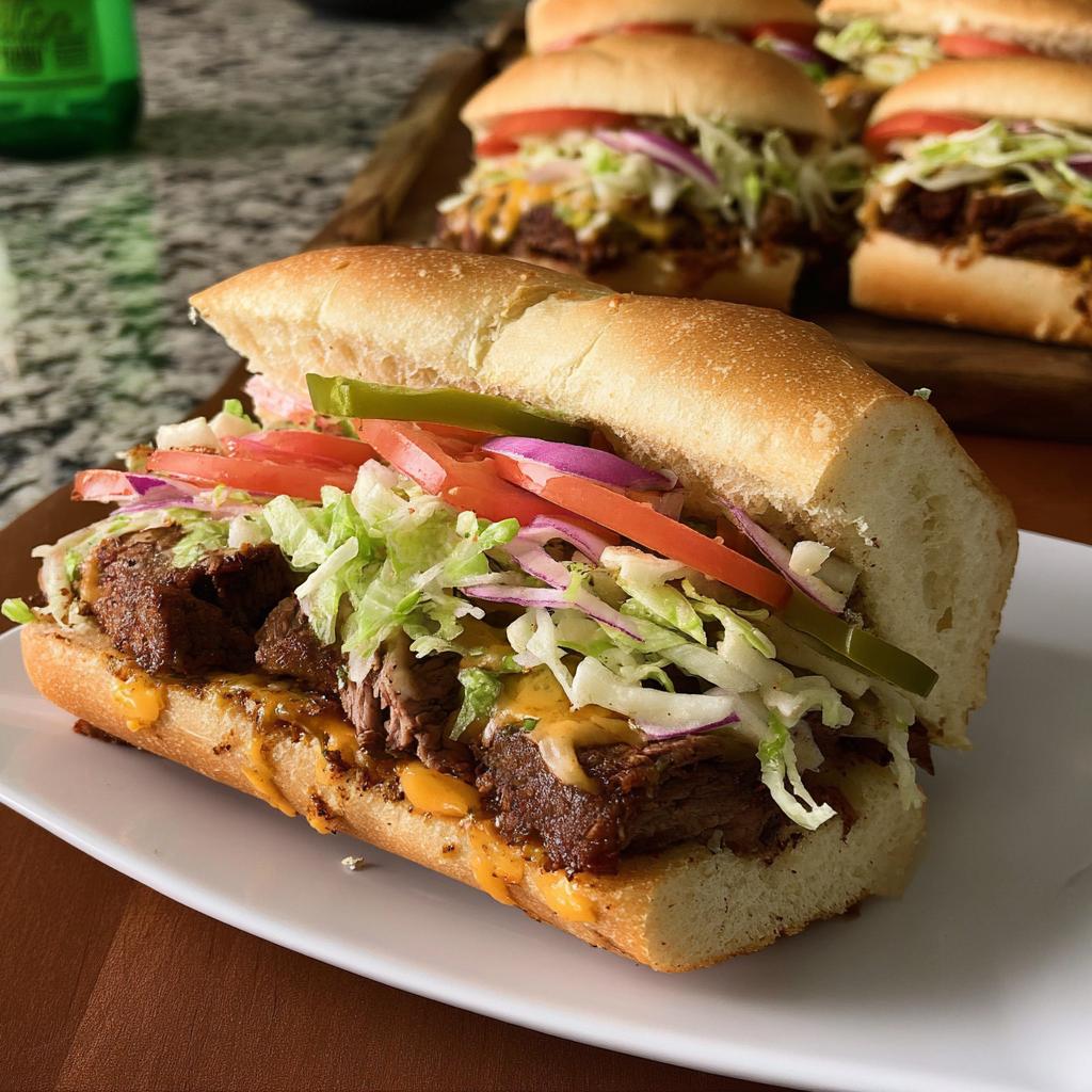 A delicious and hearty beef sandwich, one of many 7-ingredient sandwich ideas, filled with shredded lettuce, tomatoes, onions, and pickles.