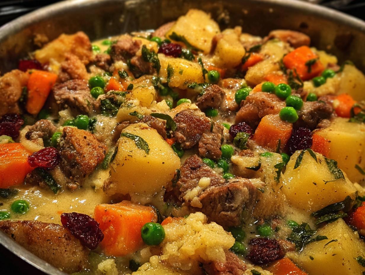 Close-up of a hearty beef stew with chunks of potatoes, carrots, peas, and dried cranberries in a creamy sauce, perfect for quick stuffing recipes.