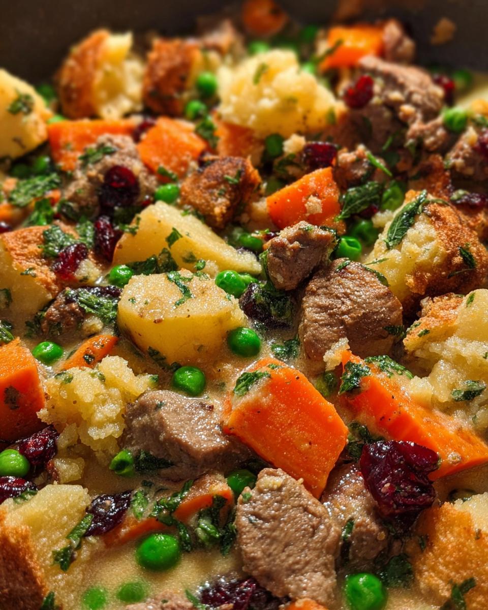 Close-up of a hearty beef and vegetable stuffing with potatoes, carrots, peas, and cranberries.