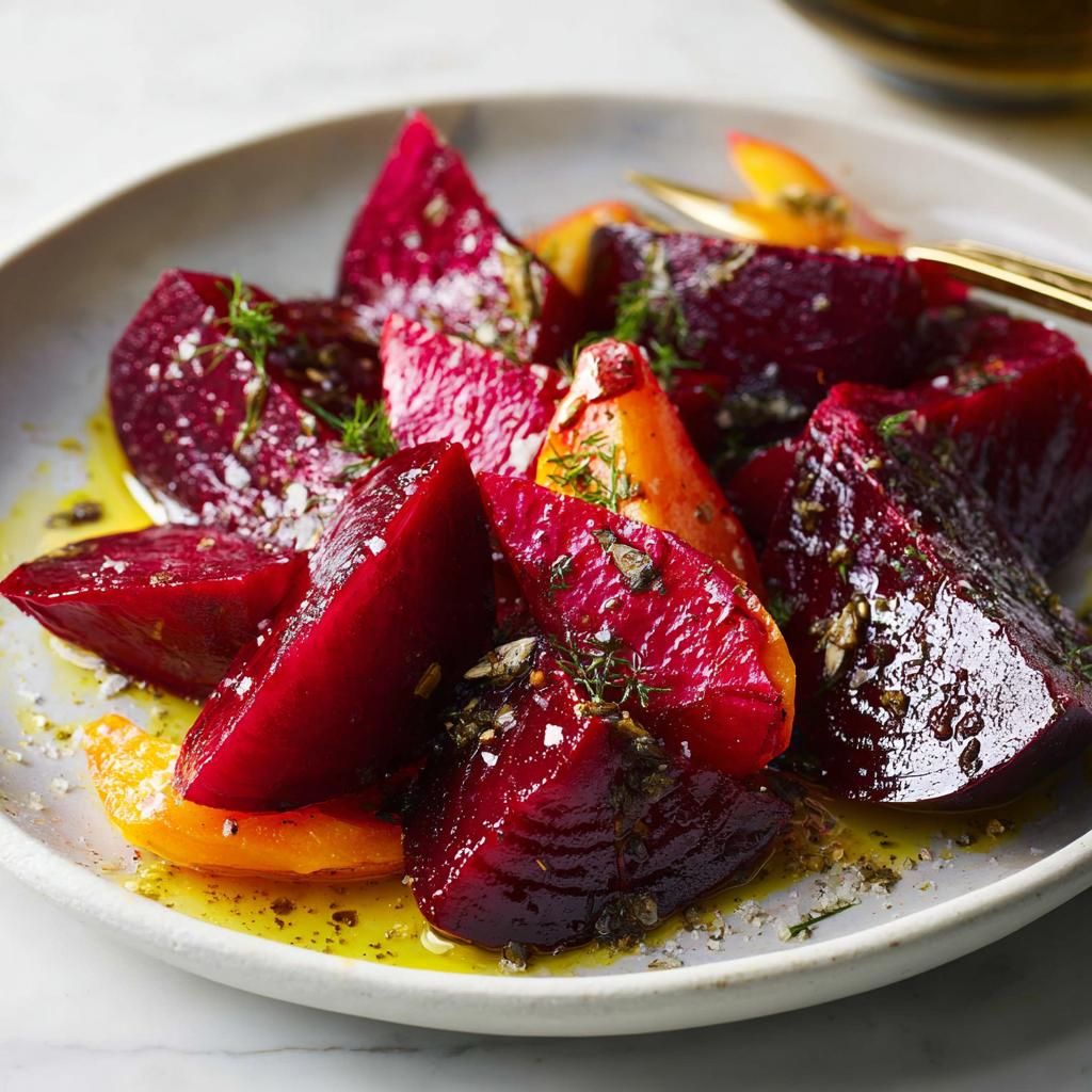 A vibrant plate of roasted beet and carrot veggie sides, drizzled with olive oil and sprinkled with herbs and sea salt.