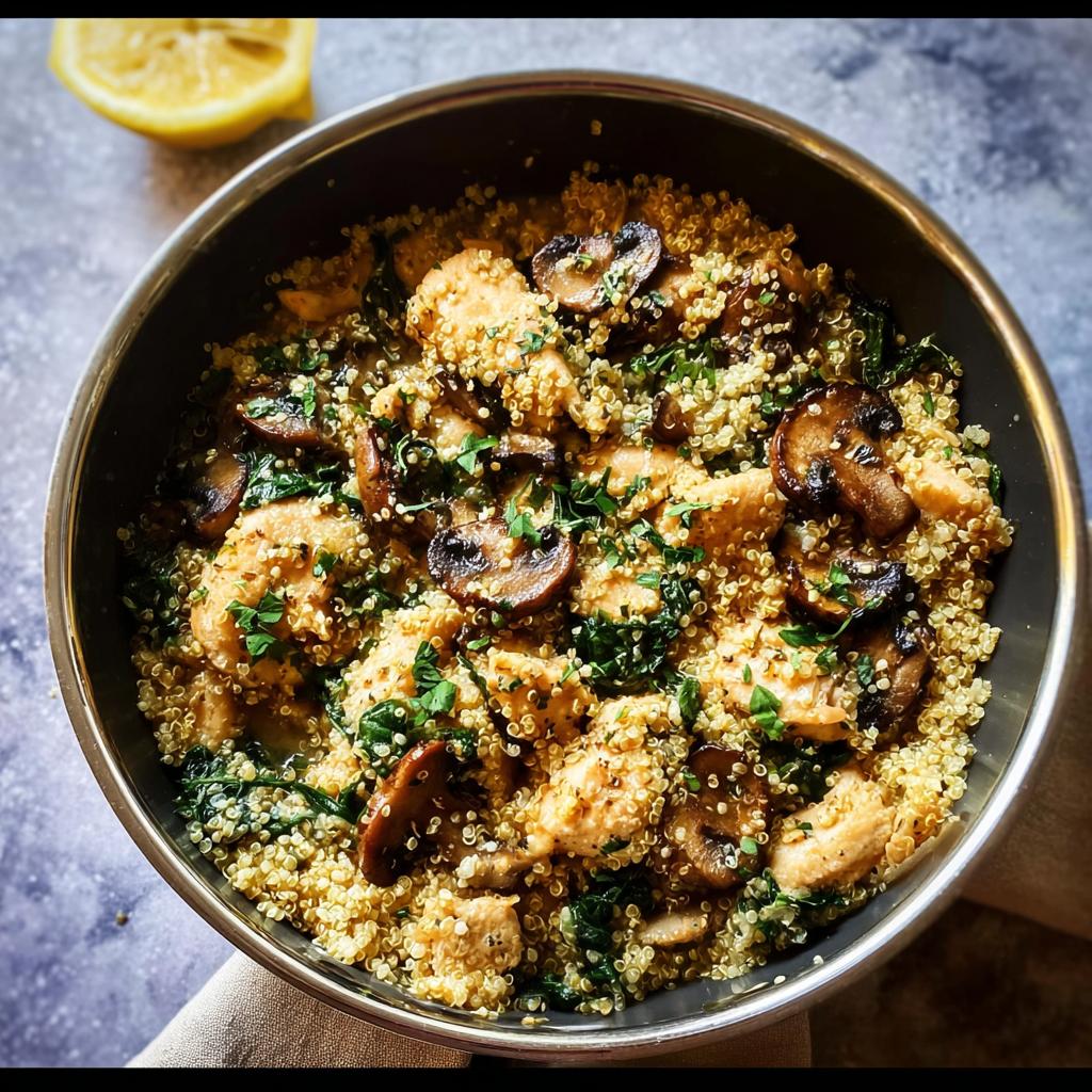 A delicious skillet meal featuring tender chicken pieces, fluffy quinoa, sautéed mushrooms, and fresh parsley. Part of The Ultimate Chicken Recipes Guide for Beginners.