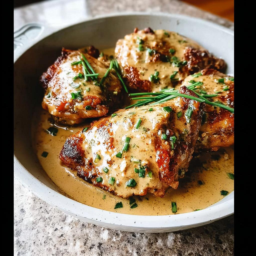 Four perfectly cooked chicken thighs in a creamy sauce, garnished with fresh chives. A delicious chicken thigh recipe.