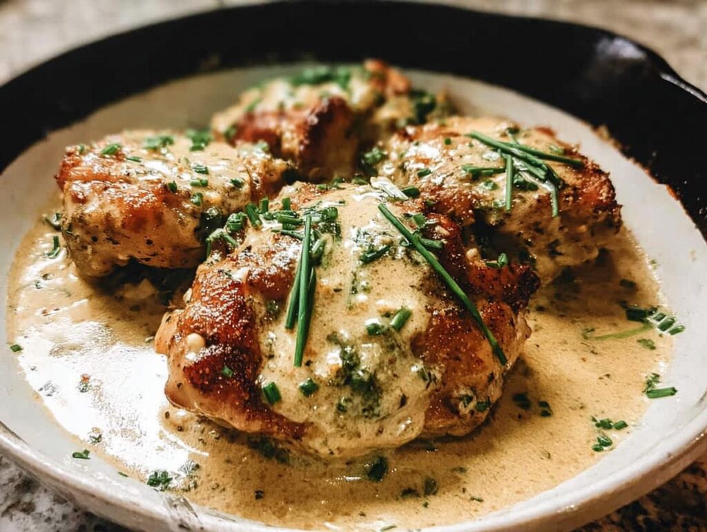 Four juicy, pan-seared chicken thighs in a creamy sauce, garnished with chives. A perfect beginner chicken thighs recipe.