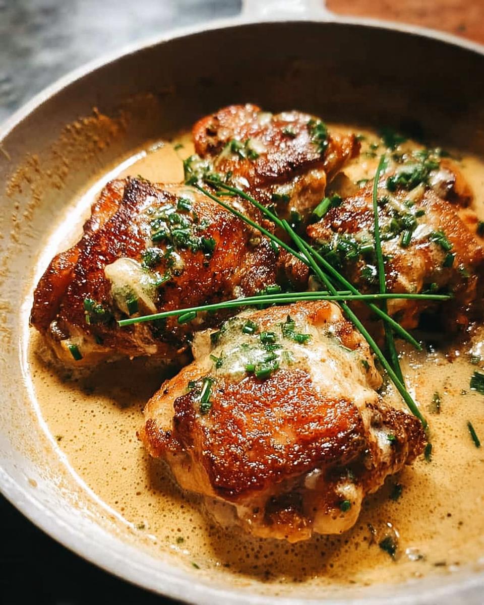 Close-up of perfectly cooked chicken thighs in a rich, creamy sauce, garnished with fresh chives.