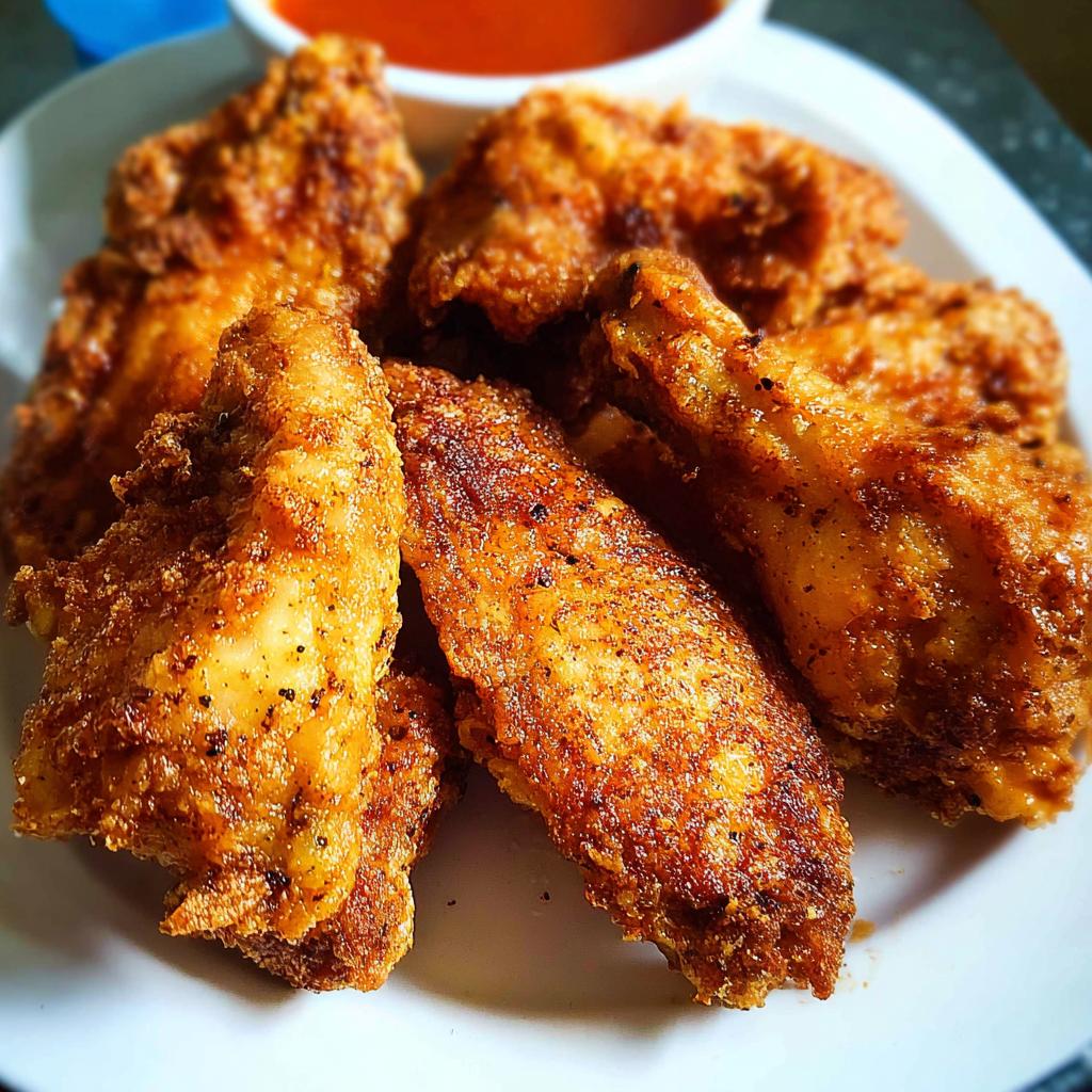 A plate of golden-brown, crispy fried chicken wings, perfect for beginners, with a small bowl of dipping sauce in the background.