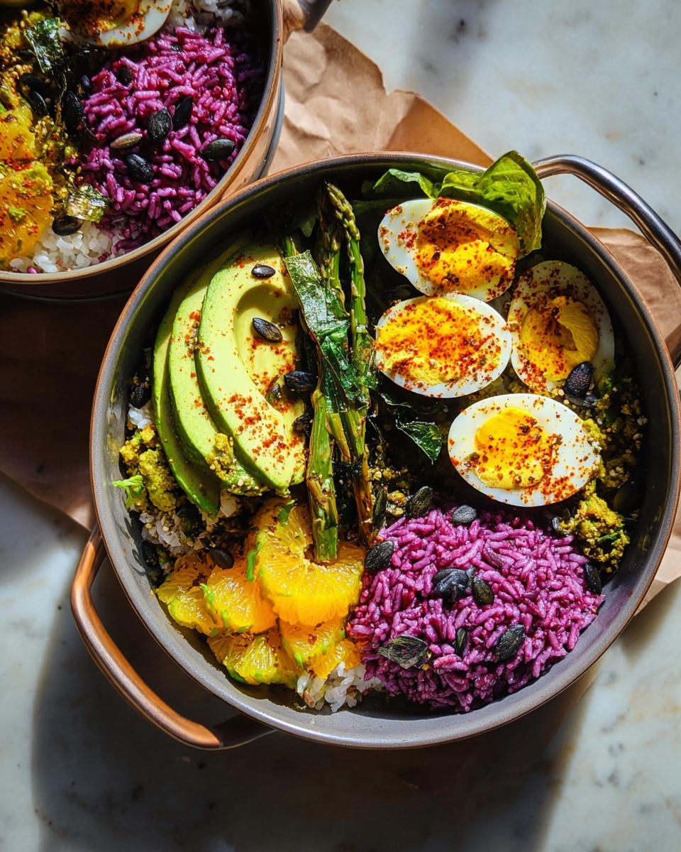 A vibrant bowl featuring sliced hard-boiled eggs, avocado, orange slices, purple rice, and asparagus, part of The Ultimate Egg Recipes Guide for Beginners.