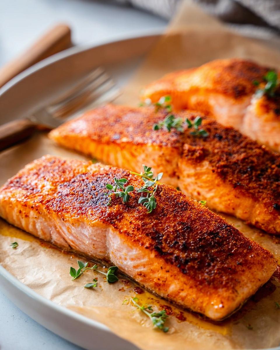 Three perfectly cooked salmon fillets seasoned with spices and garnished with fresh thyme, a beginner-friendly salmon recipe.