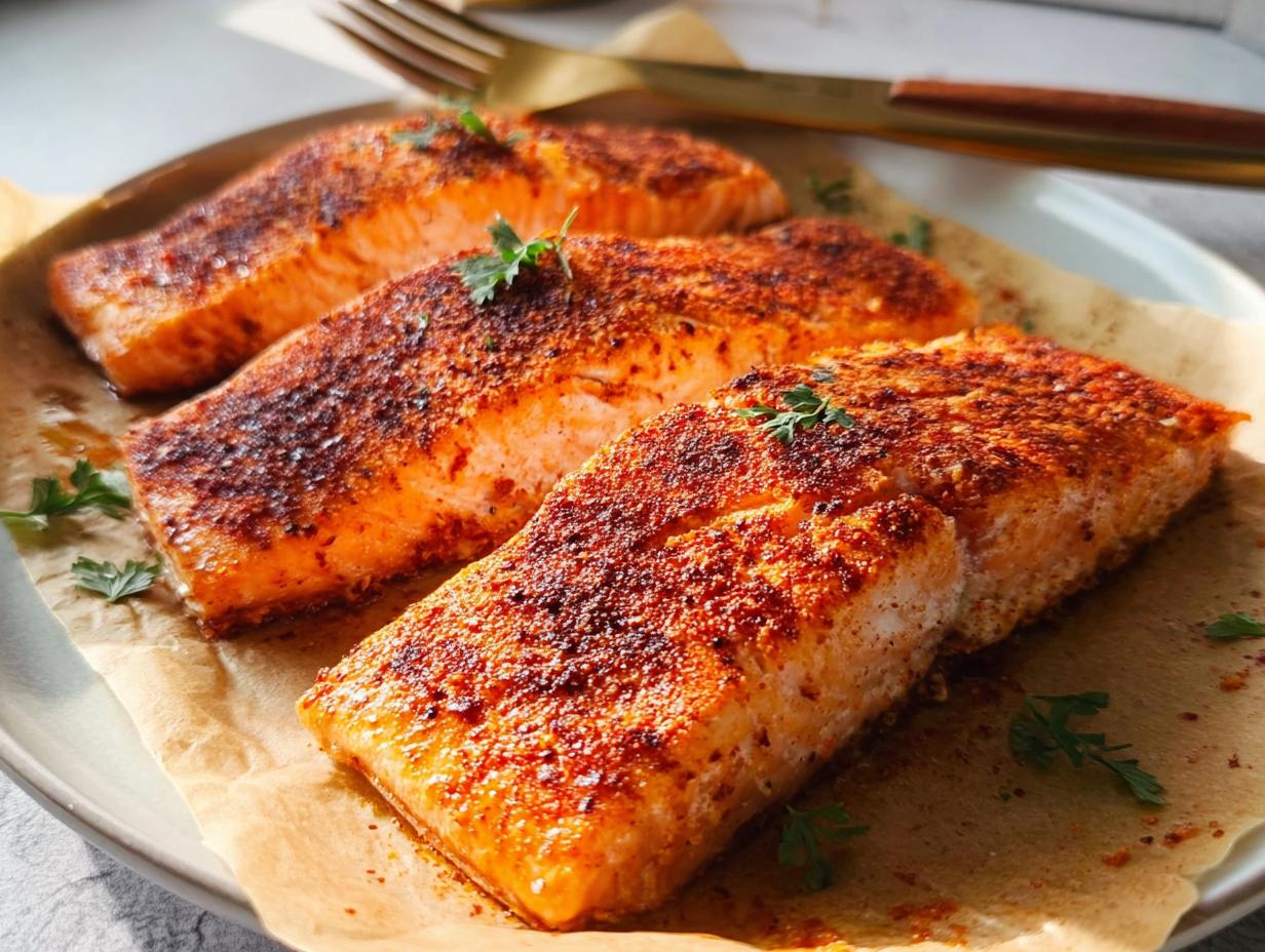 Three perfectly cooked salmon fillets seasoned with spices, presented on parchment paper as part of The Ultimate Salmon Recipes Guide for Beginners.