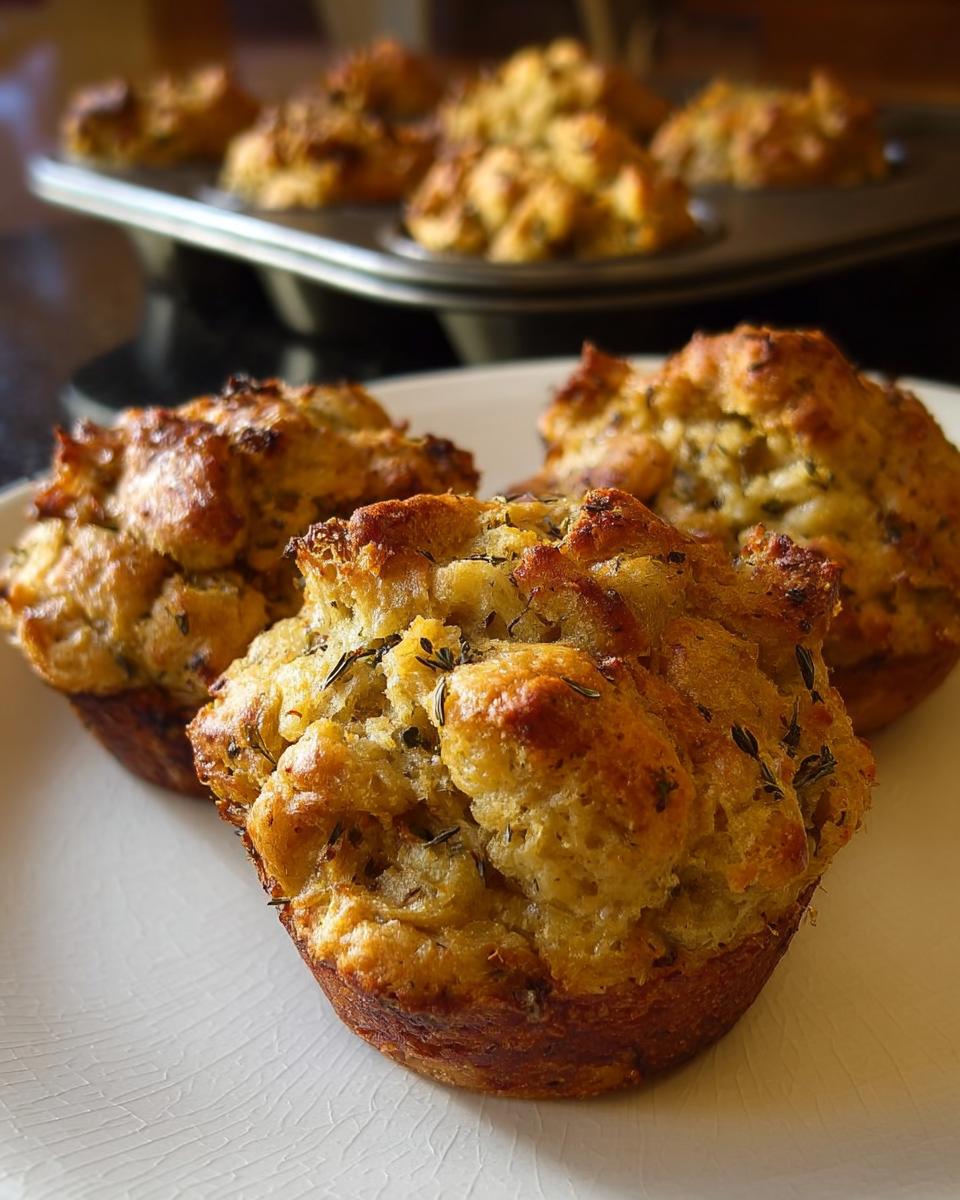 Close-up of three golden-brown beginner's stuffing muffins with visible herbs, served on a white plate.