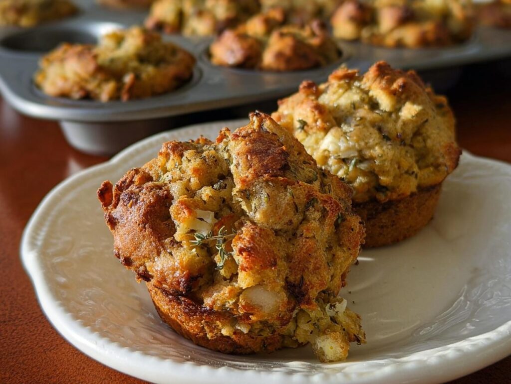 Two golden-brown beginner's stuffing muffins on a white plate, with a muffin tin full of more stuffing in the background.